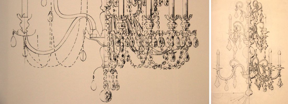 Bocetos de las primeras lámparas de araña de principios del siglo XVIII. Palme, Kristallkronleuchter Seit 1724