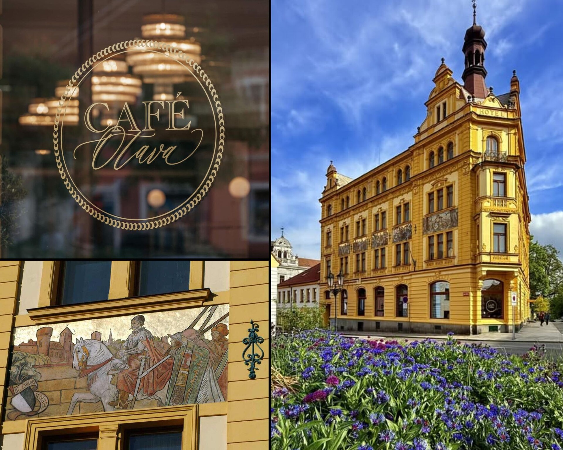 Novorenesanční budova Café Otava v Písku se sgrafity Mikoláše Alše, detail sgrafita a zlacený nápis Café Otava na skleněných dveřích