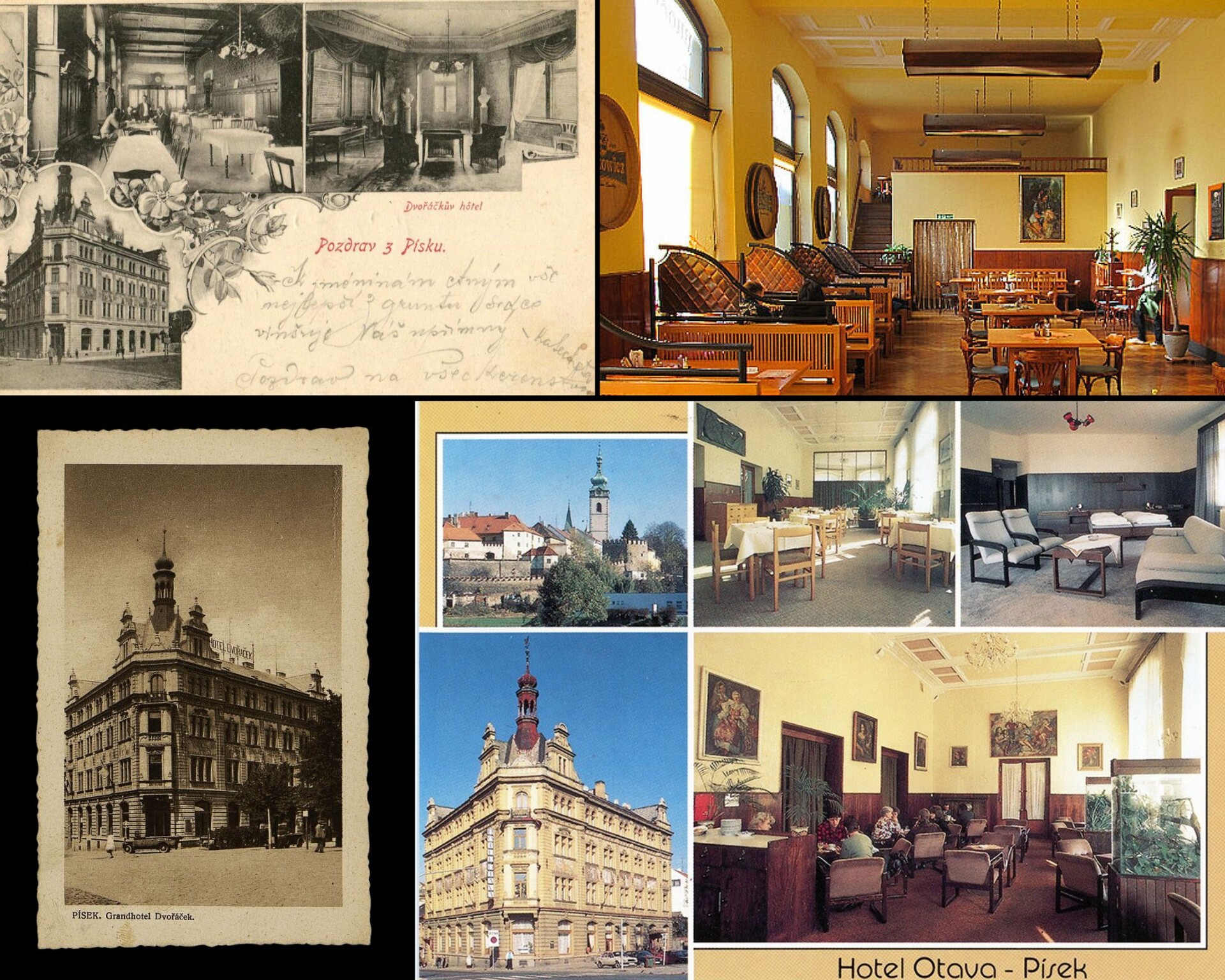 Dobové pohlednice Grandhotelu Dvořáček v Písku a fotografie interiérů Hotelu Otava z druhé poloviny 20. století