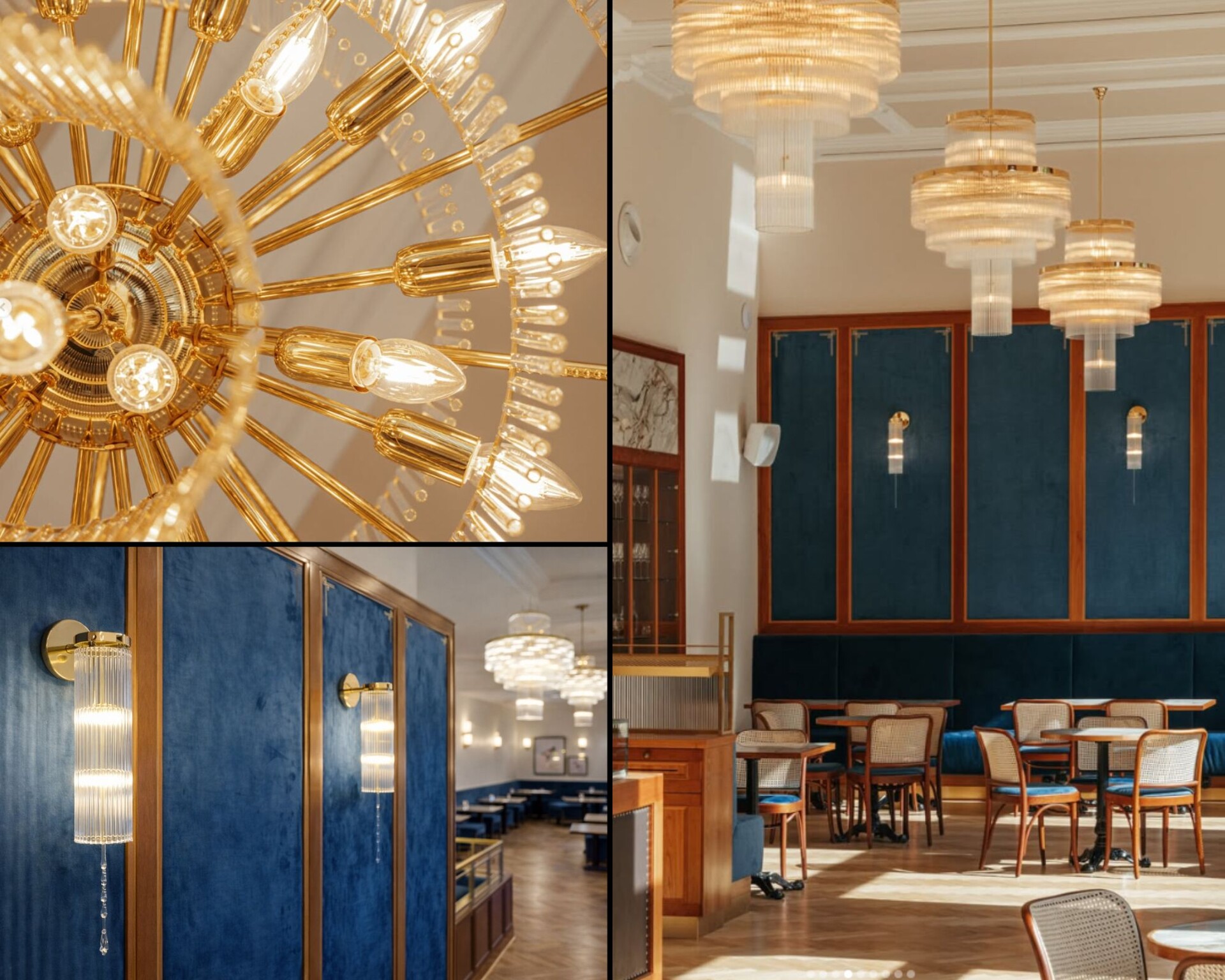 Pohled do lustru zespodu na mosazné rameno se žárovkami, nástěnná svítidla na modré stěně a jídelní sál Café Otava se třemi závěsnými lustry