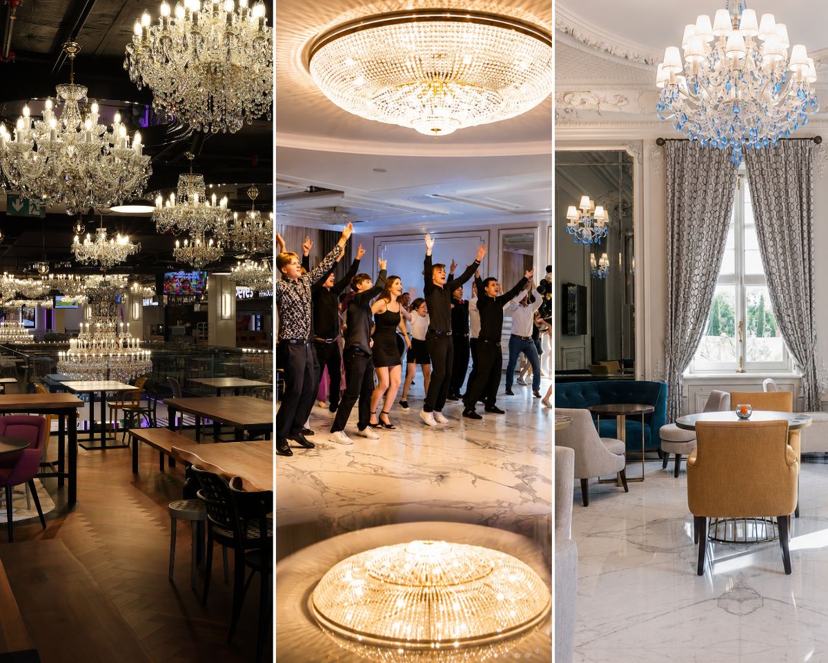 Interiér hotelu nebo restaurace s dominantním křišťálovým lustrem. V Bistro Bianco se velký košový lustr o průměru 220 cm odráží v lesklé mramorové podlaze a propojuje celý prostor světlem. V lobby Villa Genesis na francouzské Riviéře doplňují modré křišťálové ověsy výhled na azurové moře za okny.