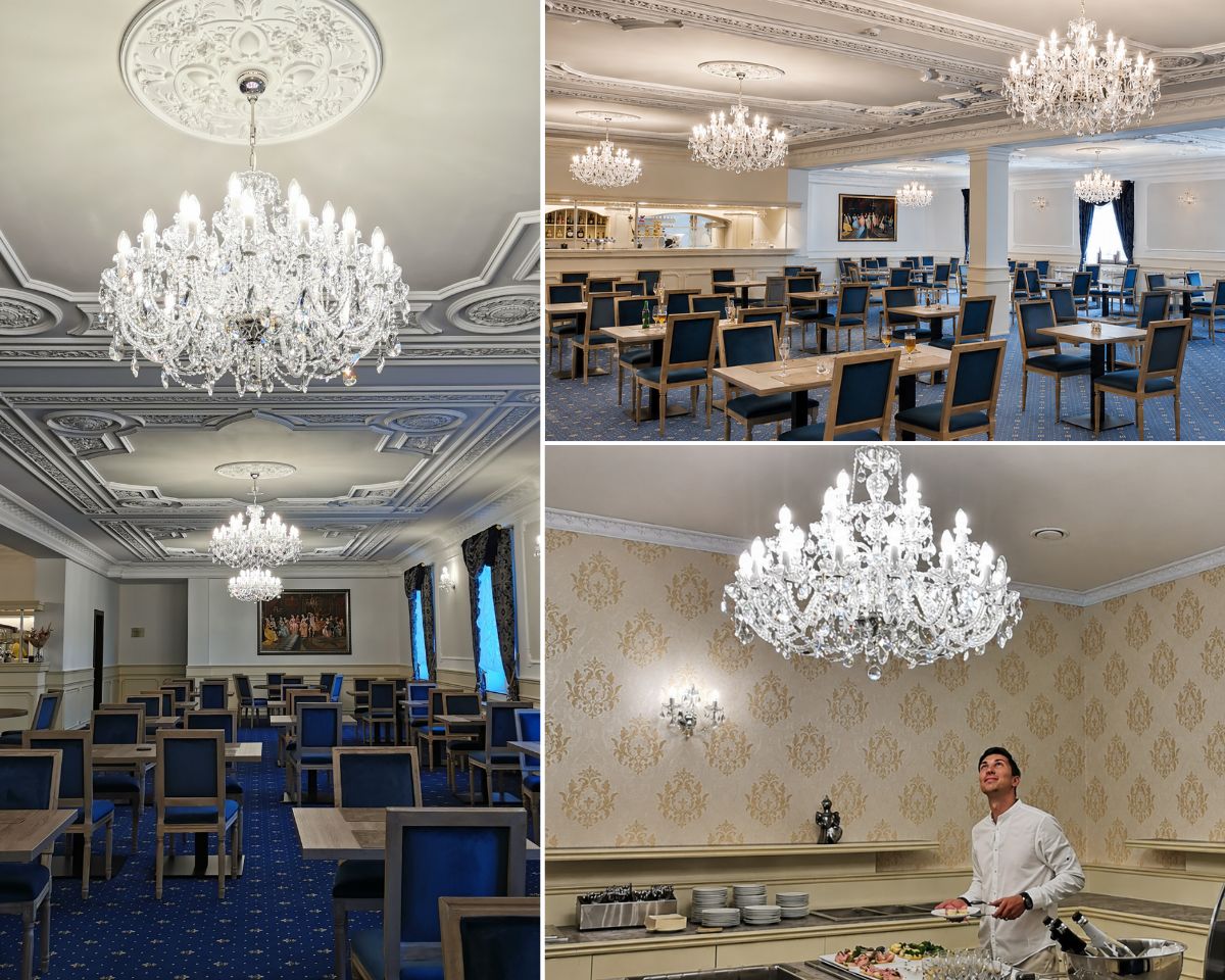 Reprezentativní restaurace zámeckého hotelu Chateau Šanov s vysokými stropy zdobenými štuky a řadou křišťálových lustrů z českého broušeného křišťálu. Světlo se rovnoměrně rozprostírá po celé délce sálu a podtrhuje historickou eleganci interiéru.