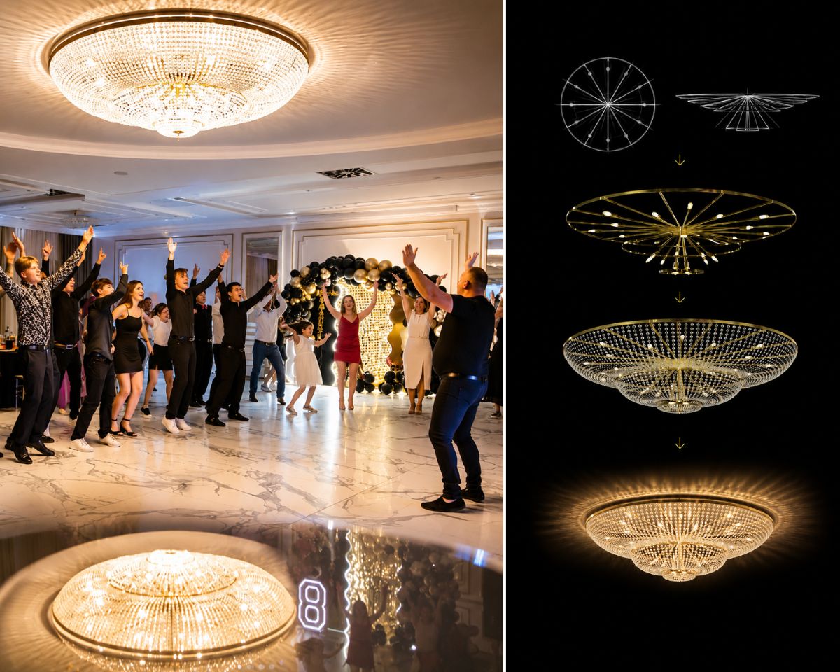 Luxusní interiér restaurace Bistro Bianco s velkým košovým svítidlem o průměru 220 cm, osazeným ručně broušenými křišťálovými ověsy. Svítidlo je umístěno v lesklém kruhovém podhledu, který vytváří výrazný odraz a umocňuje prostorový efekt celé instalace.