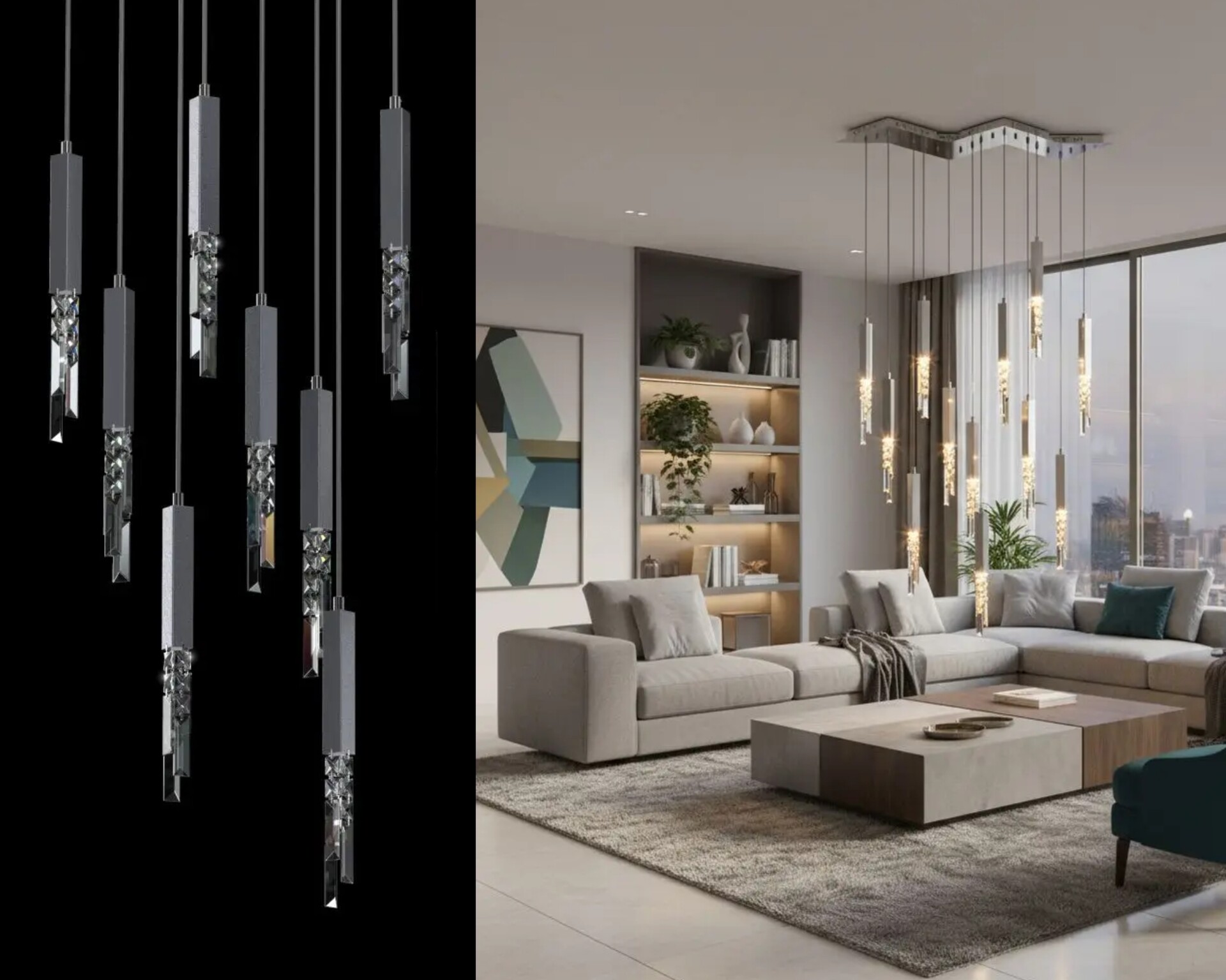 Designové stropní svítidlo ze čtyř trojúhelníkových prvků