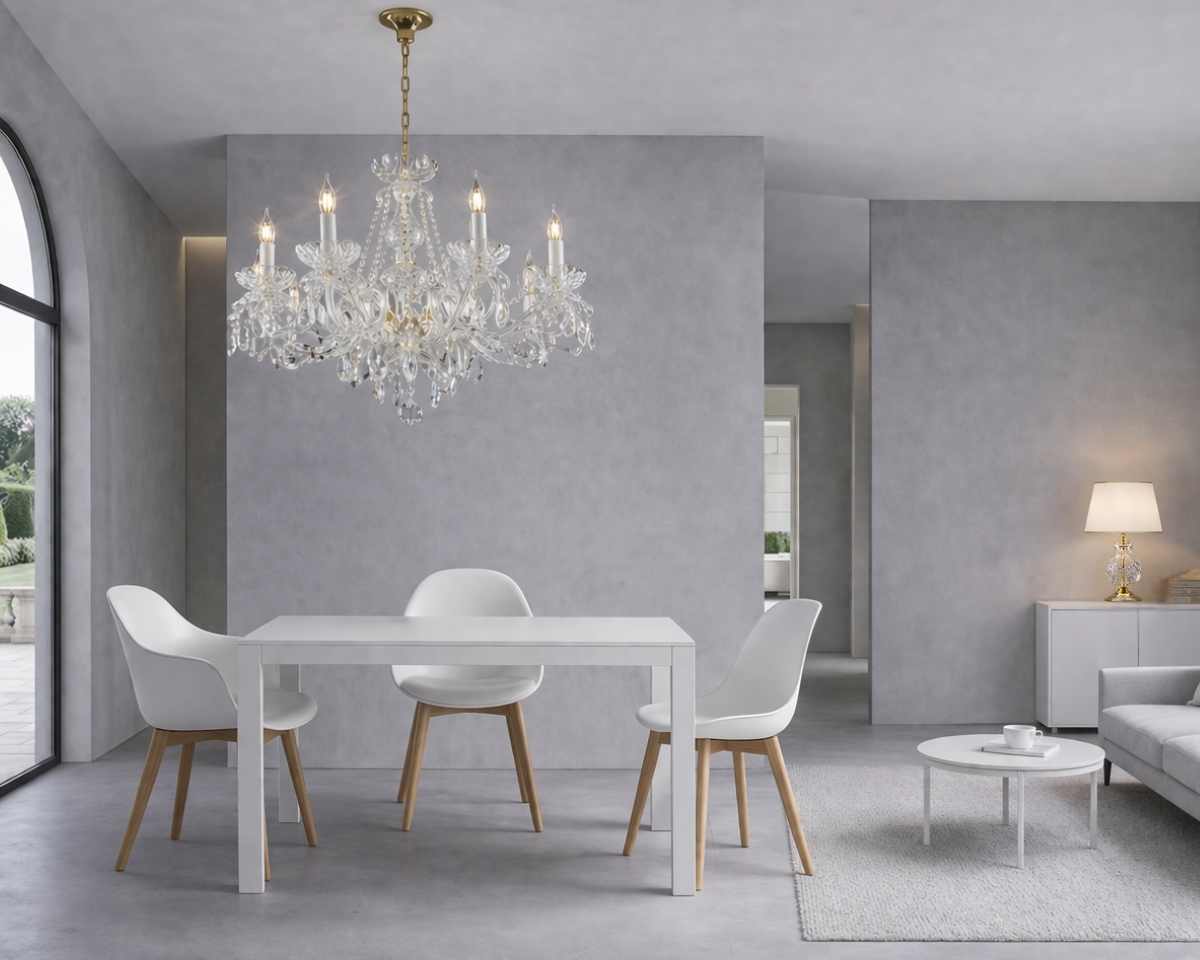 Křišťálový lustr EL100802PB a stolní lampa ES624119 s osmi rameny patří ke klasice našeho sortimentu. 