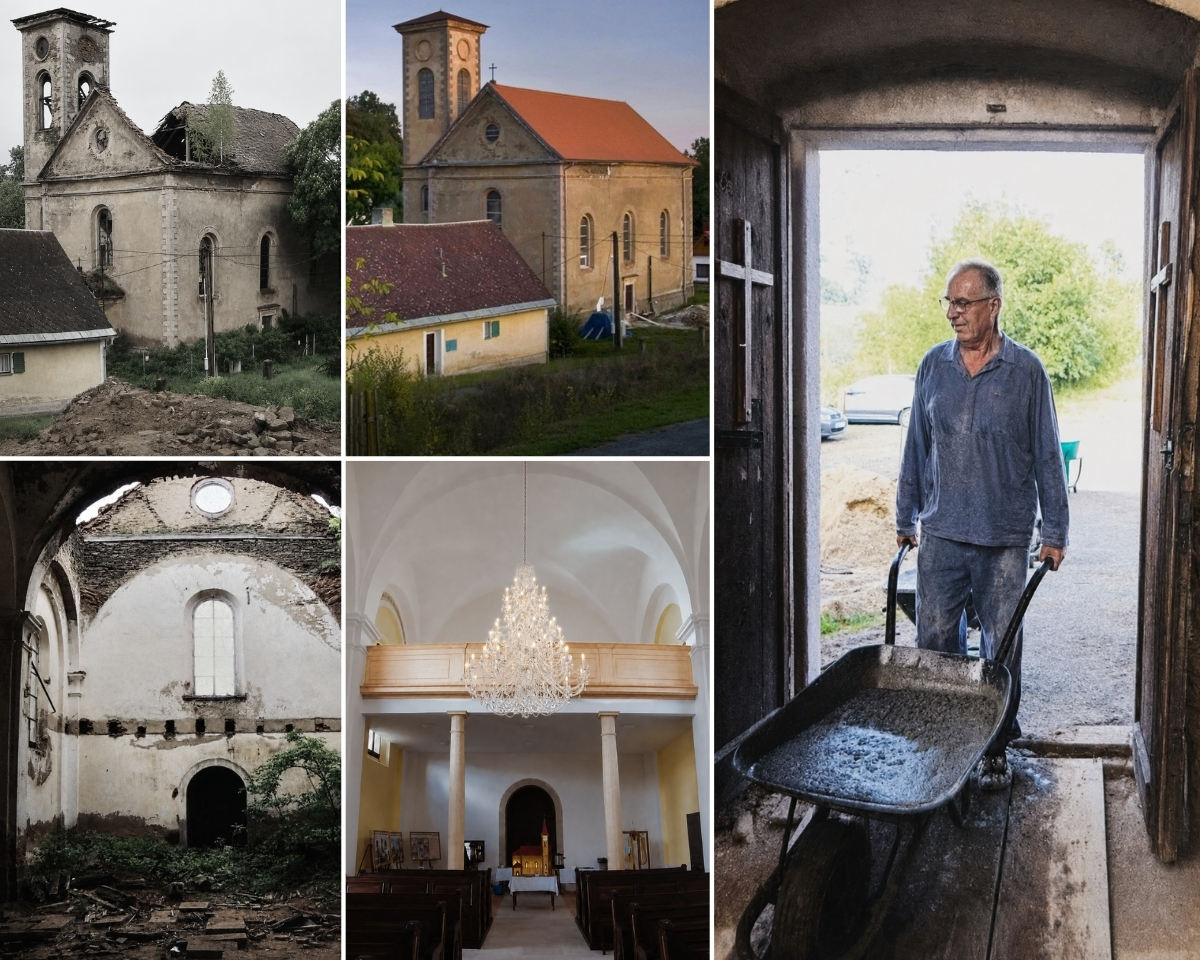 Kostel Všech svatých v Boněnově před renovací, během stavebních prací a po dokončení obnovy.