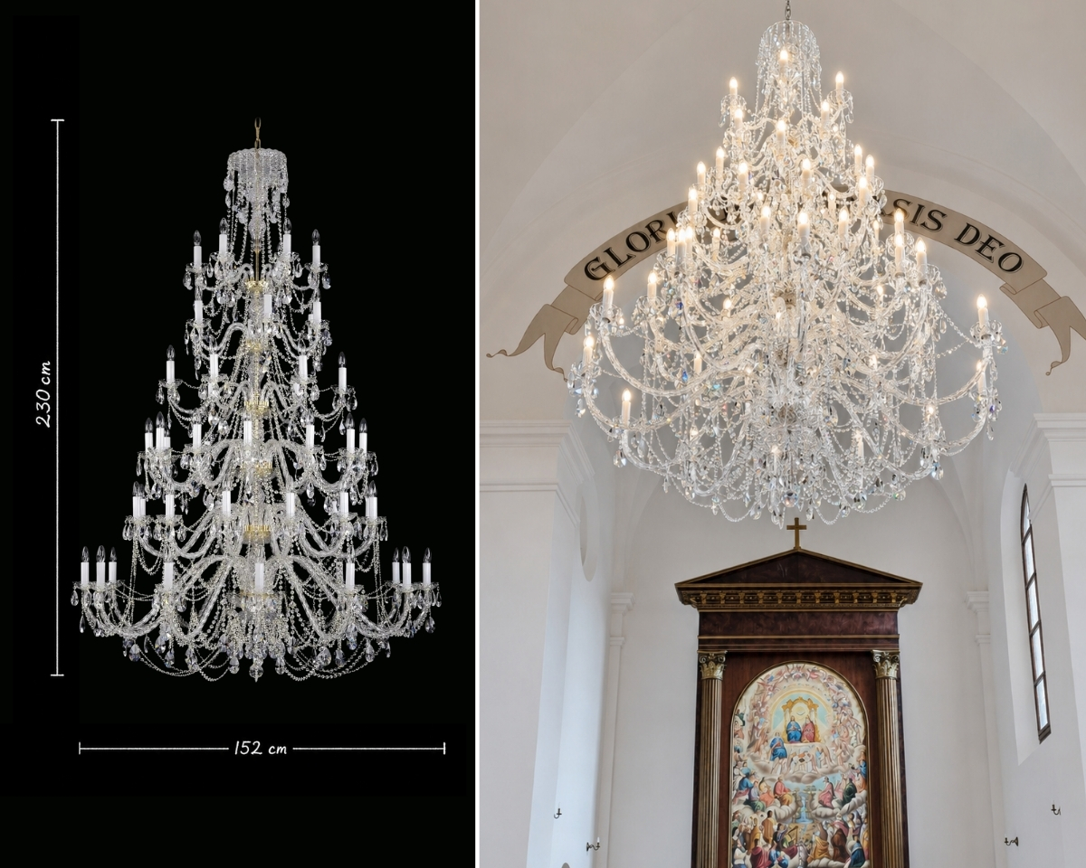 Křišťálový lustr AL061K o výšce 230 cm a průměru 152 cm instalovaný v kostele Všech svatých v Boněnově.