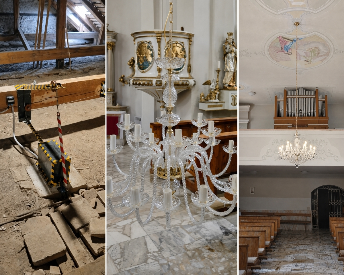 Montáž křišťálového lustru AL036K pomocí navijáku a jeho výsledná instalace v kostele sv. Mikuláše ve Veľkých Vozokanoch.