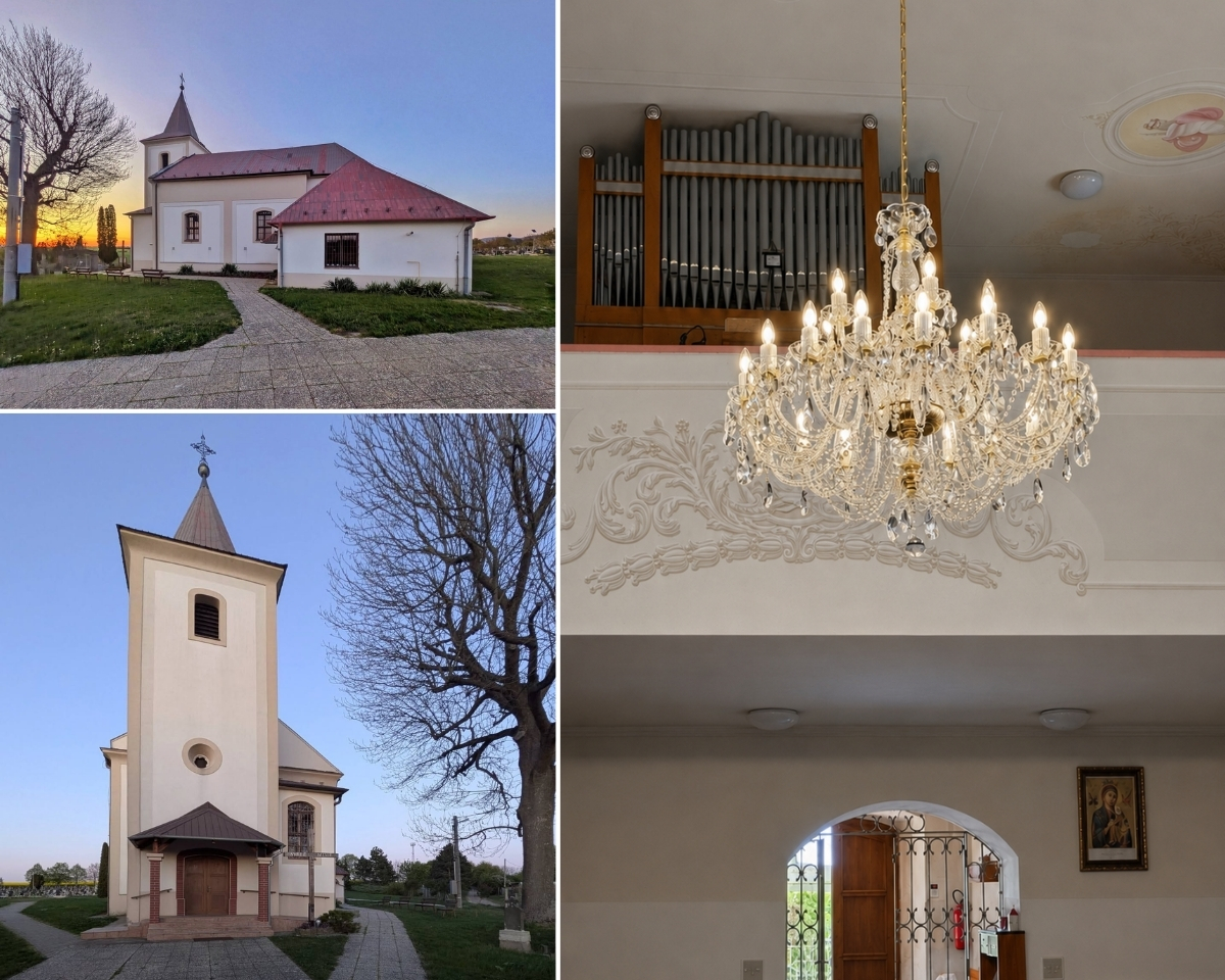 Kostel sv. Mikuláše ve Veľkých Vozokanoch a jeho interiér s křišťálovým lustrem AL036K.