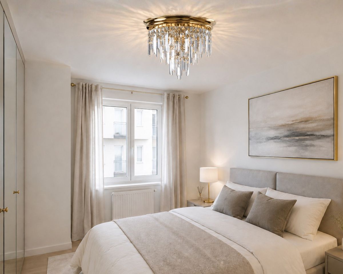 Světlá ložnice s elegantním stropním svítidlem zdobeným řetězy z broušených křišťálových ověsů ve tvaru čtverců a dlouhých prizem, které vytvářejí jemné světelné odlesky.