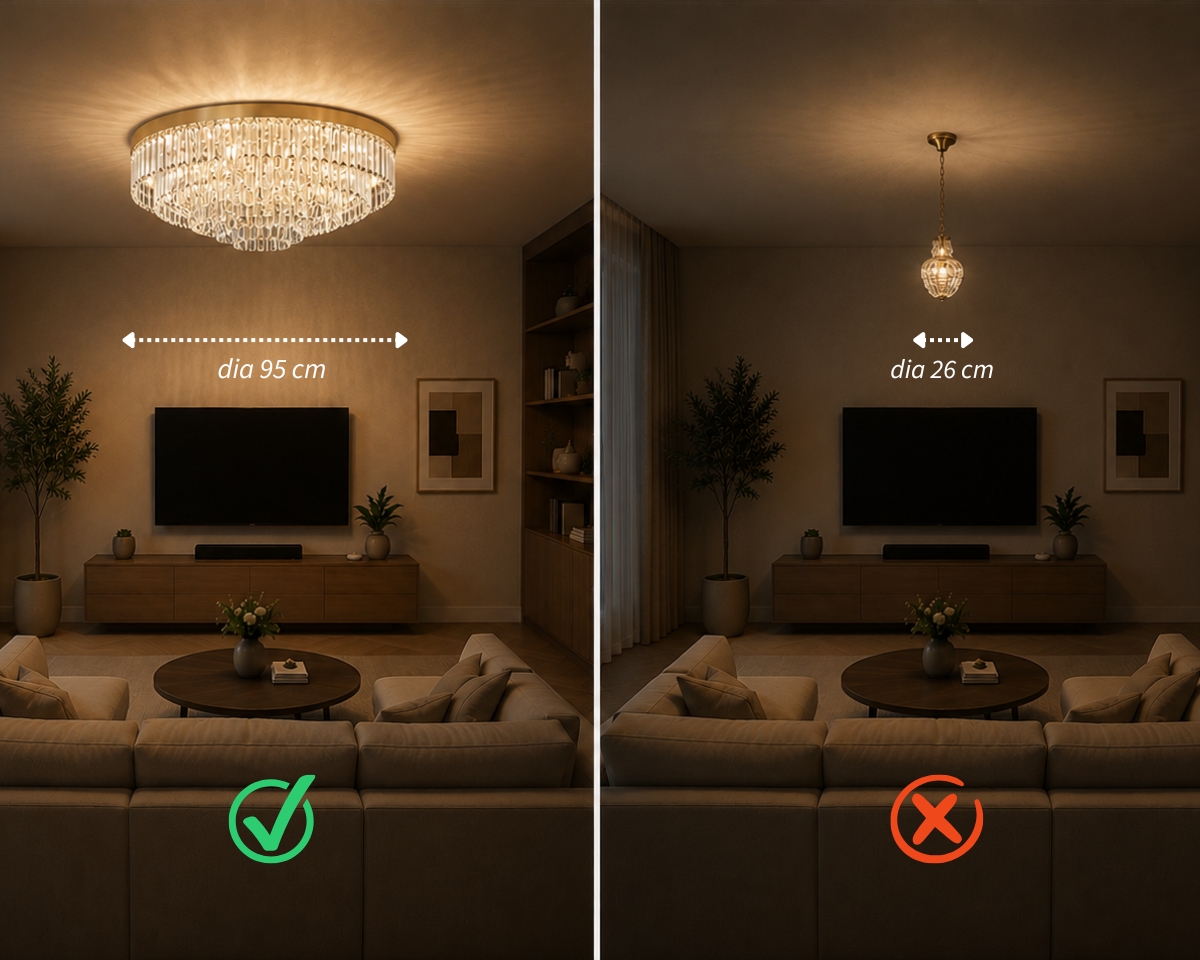 Kompletní průvodce výběrem křišťálového lustru do obývacího pokoje – správná velikost, výška zavěšení a styl pro harmonický interiér.