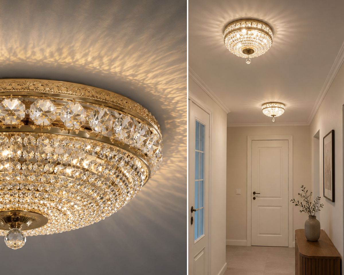 Elegantní křišťálové stropní svítidlo se šesti žárovkami, broušenými křišťálovými ověsy a jemnou kovovou konstrukcí v leštěné zlaté nebo stříbrné povrchové úpravě.
