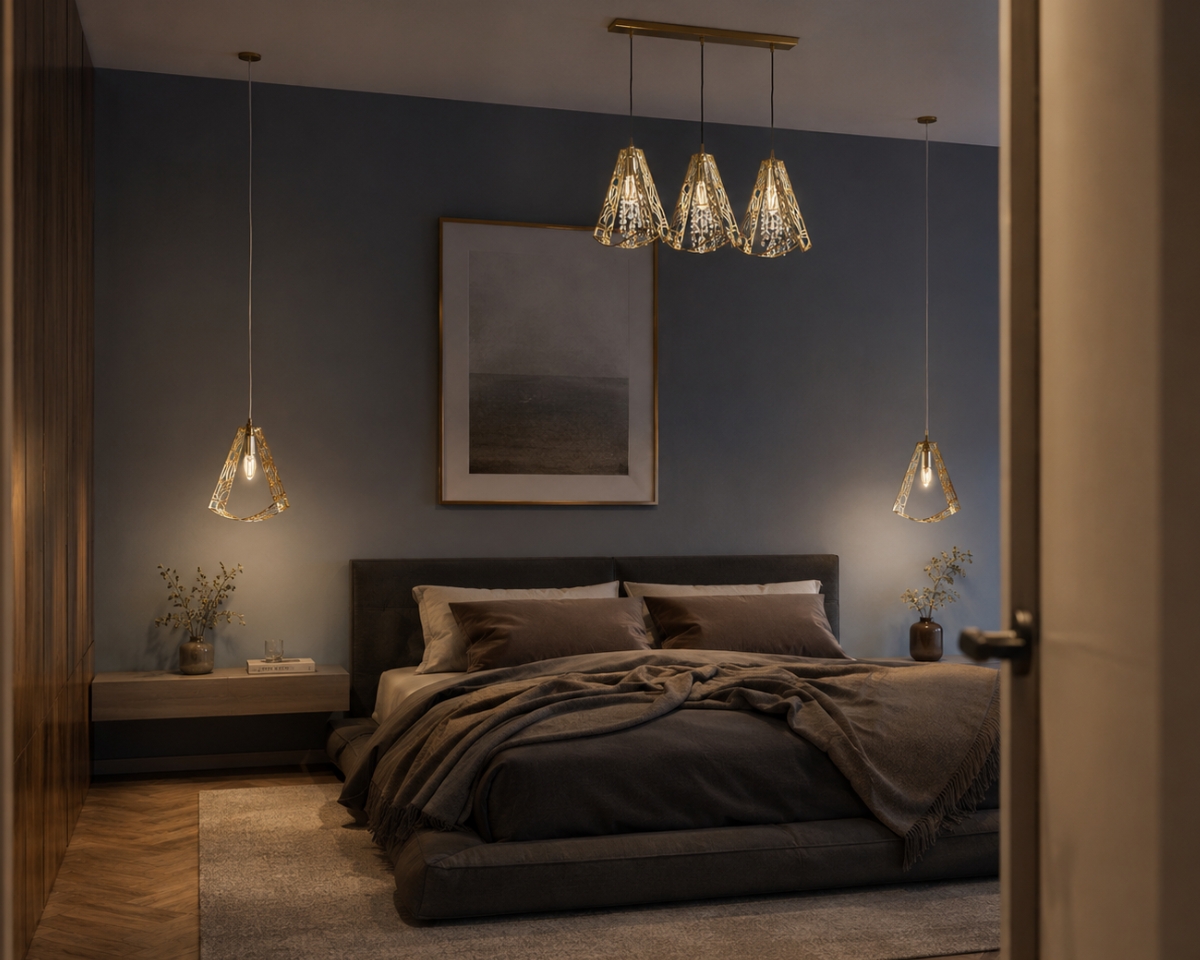 Moderní svítidlo L-SWI-05 z laserem řezané mosazi a českého křišťálu se třemi elegantními prvky a třpytivými krystaly zavěšenými na lankách, dostupné ve zlaté i stříbrné variantě.