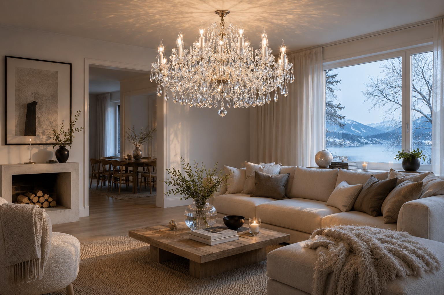 Luxusní broušený křišťálový lustr v moderním skandinávském interiéru se světlým dřevem, neutrálními tóny a elegantní atmosférou.