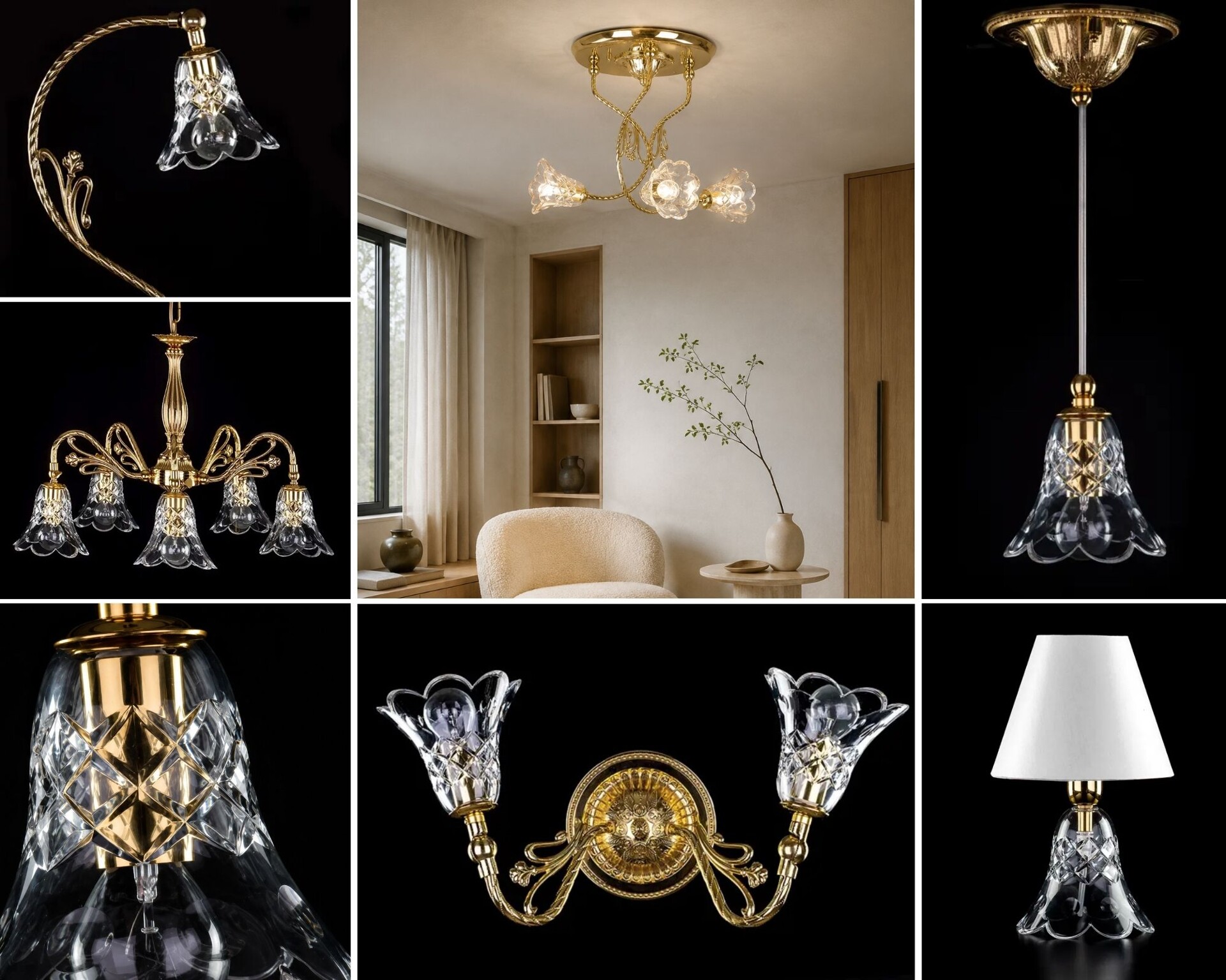 Secesní kolekce ArtCrystal: lustr, stropní i závěsné svítidlo s ručně broušenými křišťálovými stínítky ve tvaru zvonků