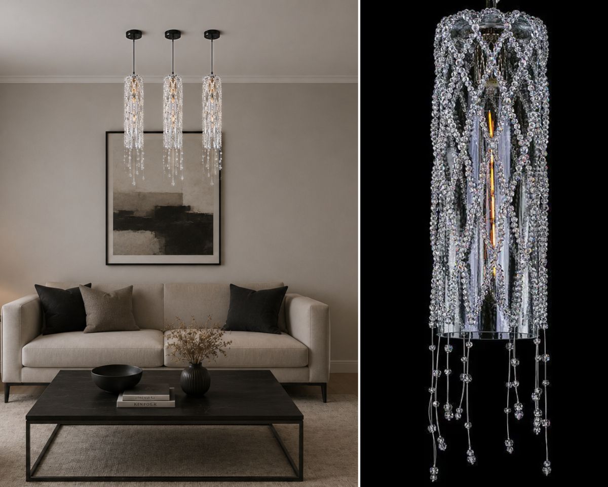 Moderní křišťálový lustr LV138 v elegantním interiéru obývacího pokoje, slavnostní jídelny nebo hotelového salonku, kde vyniká svým třpytem a výrazným designem.