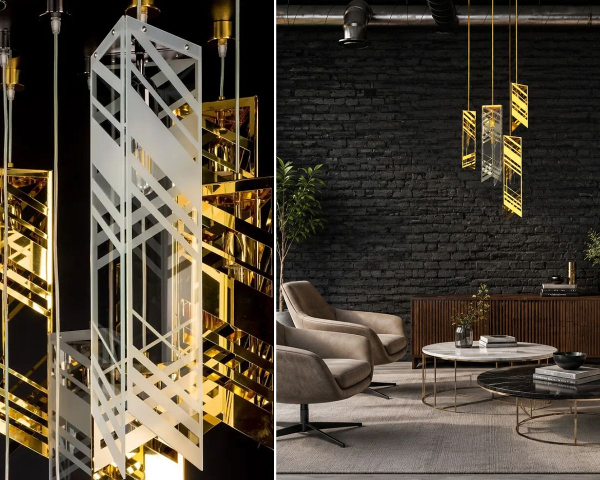 Kovové designové svítidlo LV099 v moderním industriálním obývacím pokoji, kde jeho precizní design podtrhuje funkční a současný charakter interiéru.
