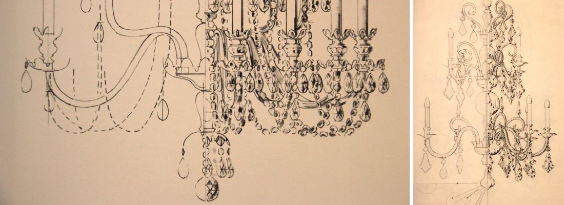 Sketches of the first lighting fixtures from the early 18th century. Source: Palme, Kristallkronleuchter Seit 1724