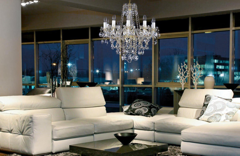 Crystal chandelier and modern urban interior