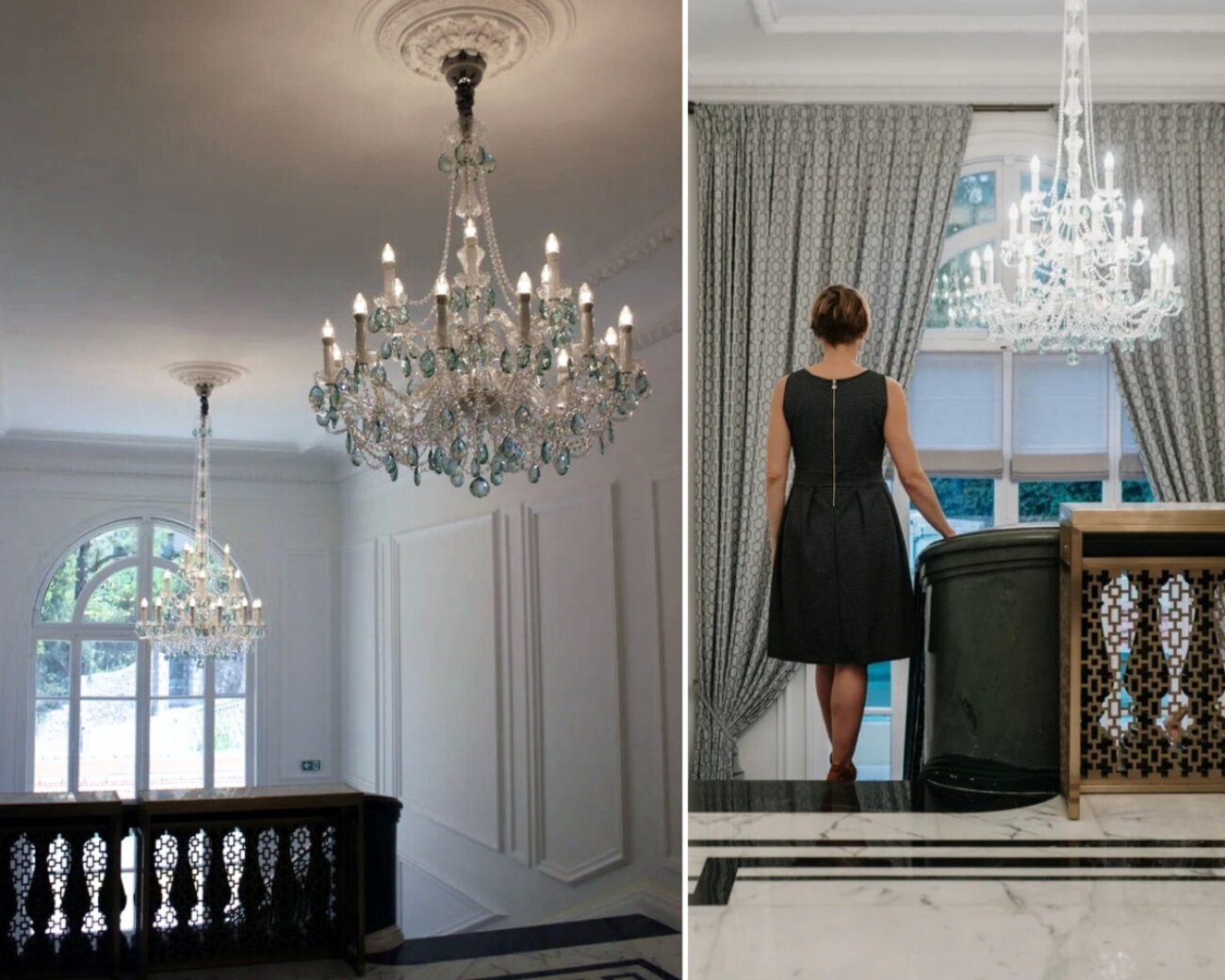 Interiér hotelu s výraznými křišťálovými lustry podtrhujícími eleganci prostoru