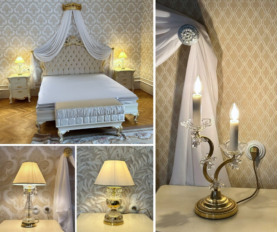 Luxusní ložnice na zámku s čalouněnou postelí a křišťálovými stolními lampami