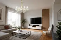 Křišťálový lustr v světlém moderním obývacím pokoji