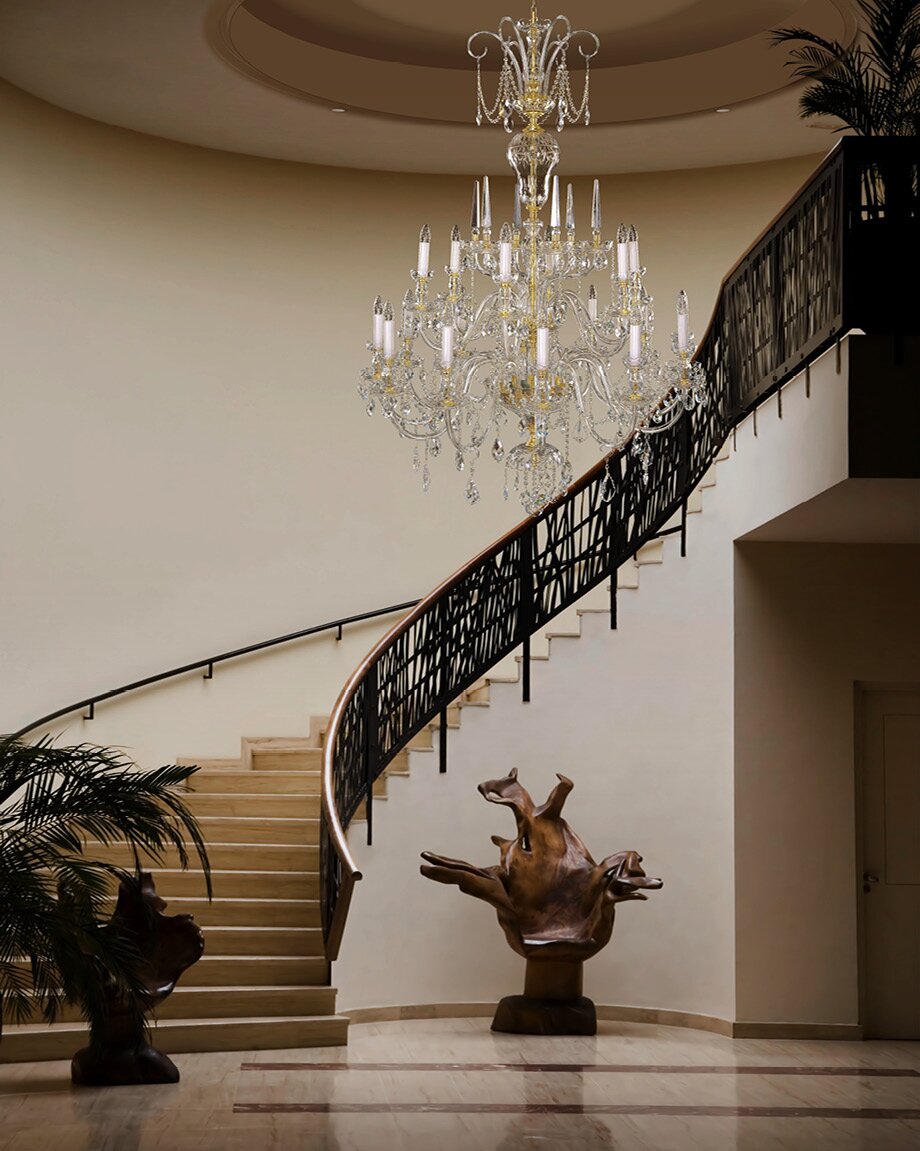 Large crystal chandelier above the stairs in chateau style EL6701801