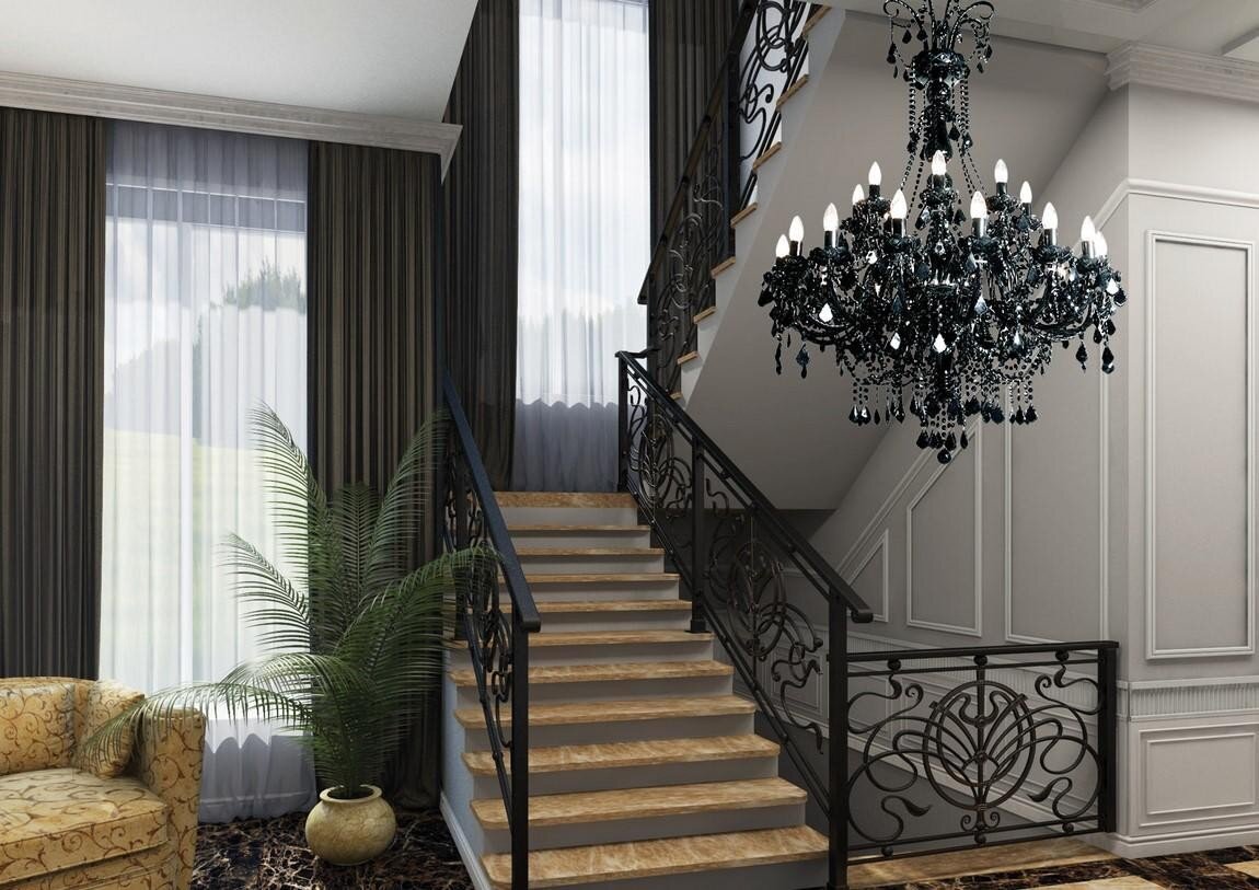 Black crystal chandelier above the staircase in urban style TX840080024