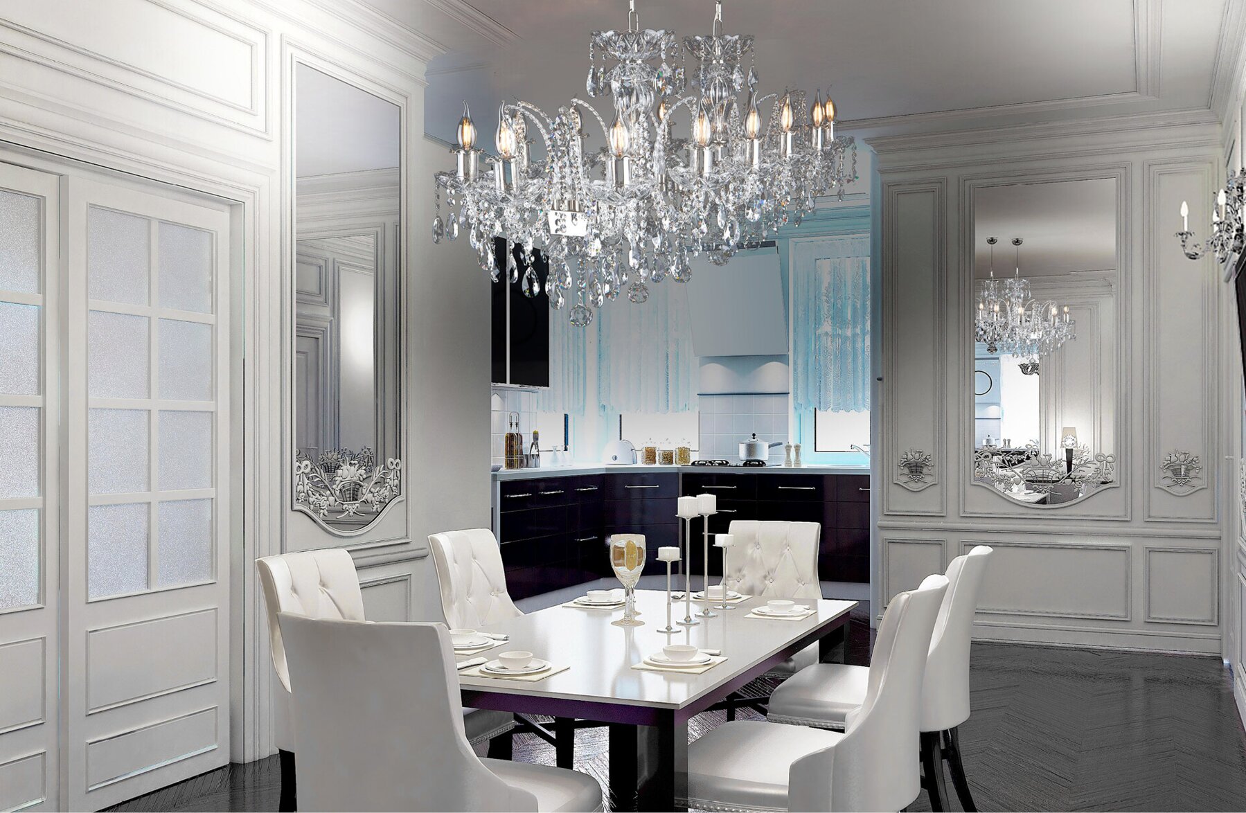 Modern crystal chandelier above the dining table in glamour style EL1021402