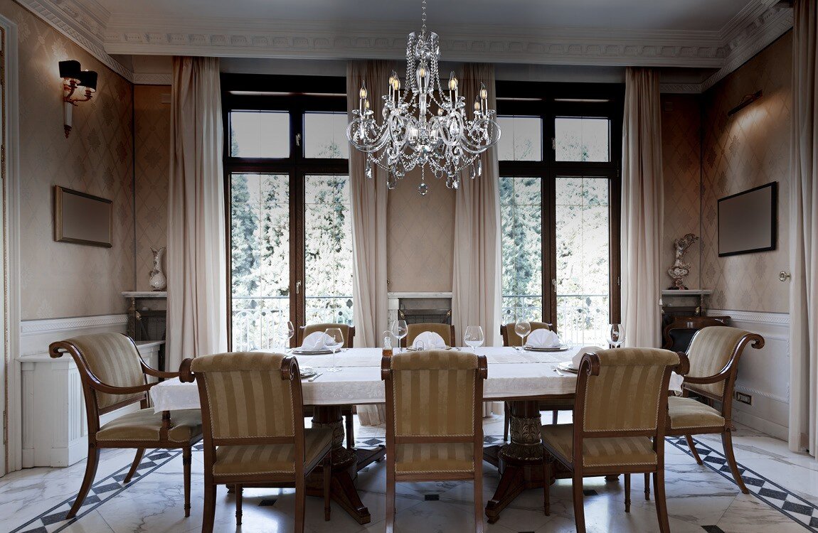 Crystal chandelier above the dining table in chateau style EL2188+4+409
