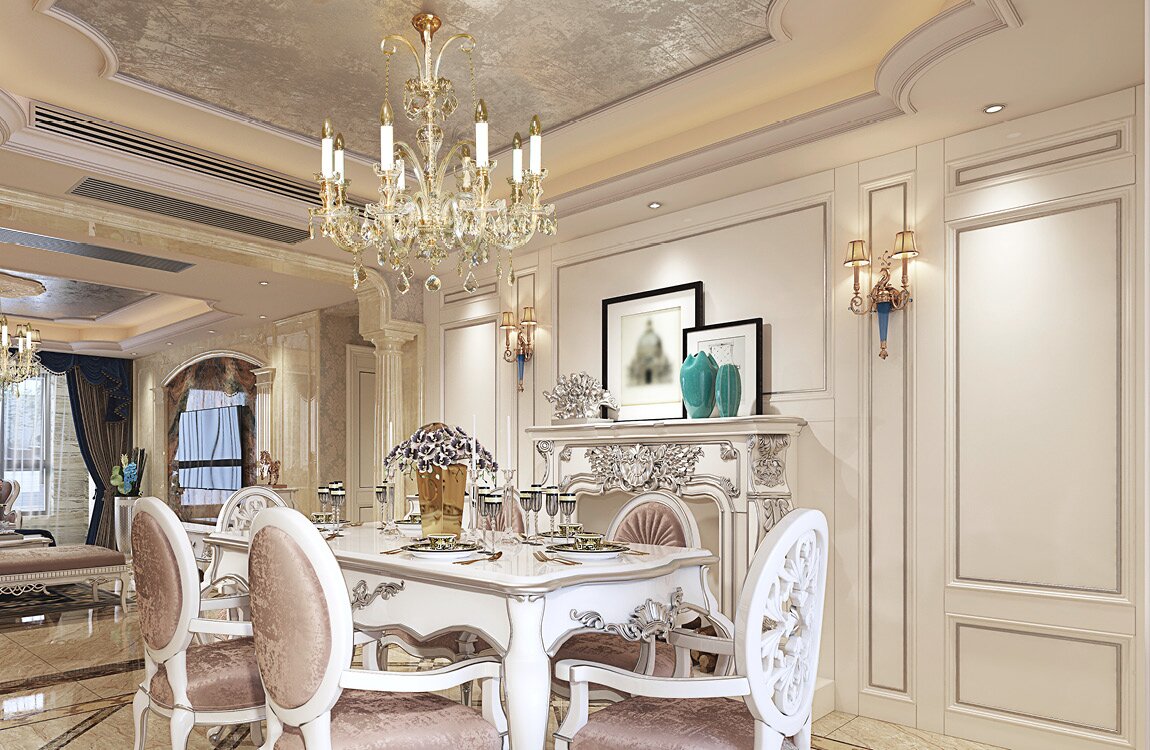 Cut chandelier above the dining table in chateau style EL670801