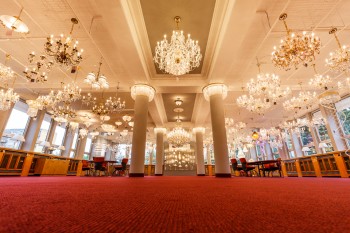 large showroom of czech crystal chandeliers