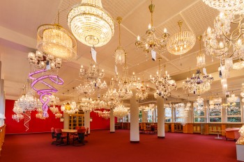 large showroom of czech crystal chandeliers