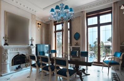 Blue chandelier above the dining table in provance style EL4188303-S